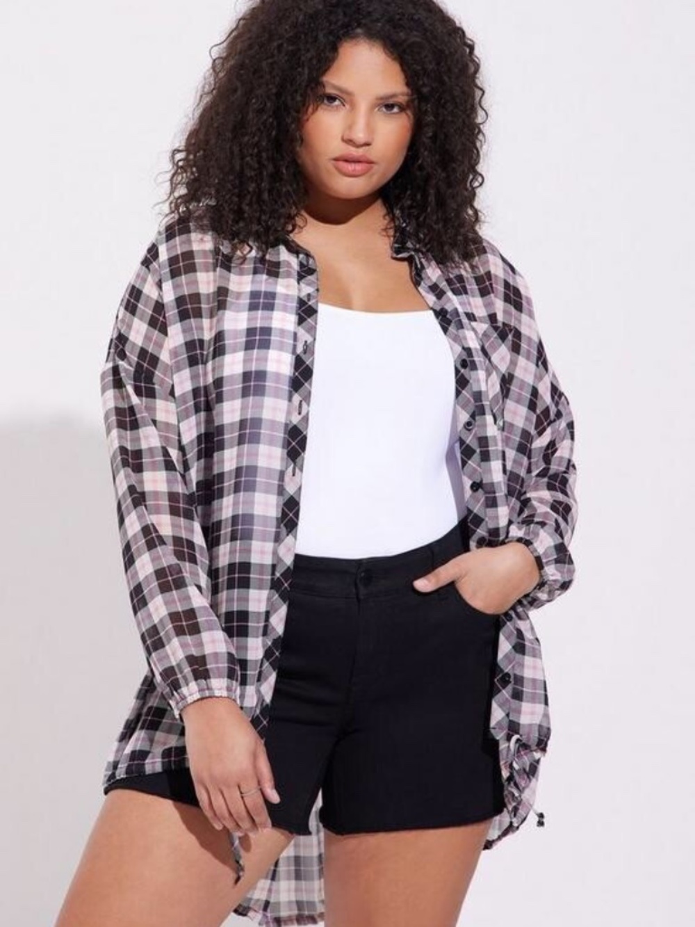 Torrid Sheer Chiffon Black and Pink Plaid Button Down Shirt Kimono Size 1X